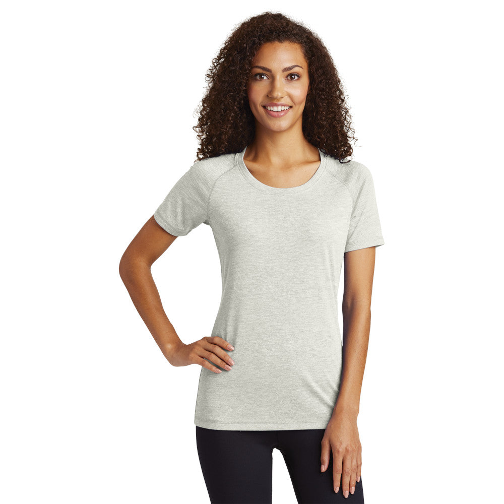 Sport-Tek Women's PosiCharge Tri-Blend Wicking Scoop Neck Raglan Tee Decorated - White Triad Solid