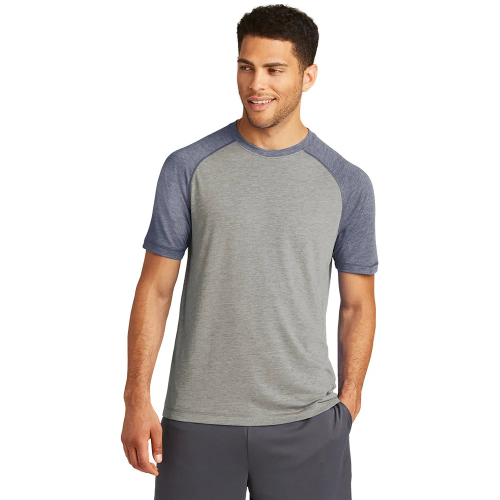 Sport-Tek PosiCharge Tri-Blend Wicking Raglan Tee Decorated - True Navy Blue Heather/Light Grey Heather (PMS 533C)