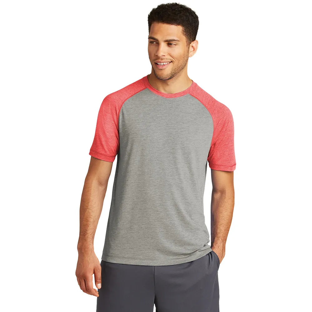 Sport-Tek PosiCharge Tri-Blend Wicking Raglan Tee Decorated - True Red Heather/Light Grey Heather (PMS 186C)