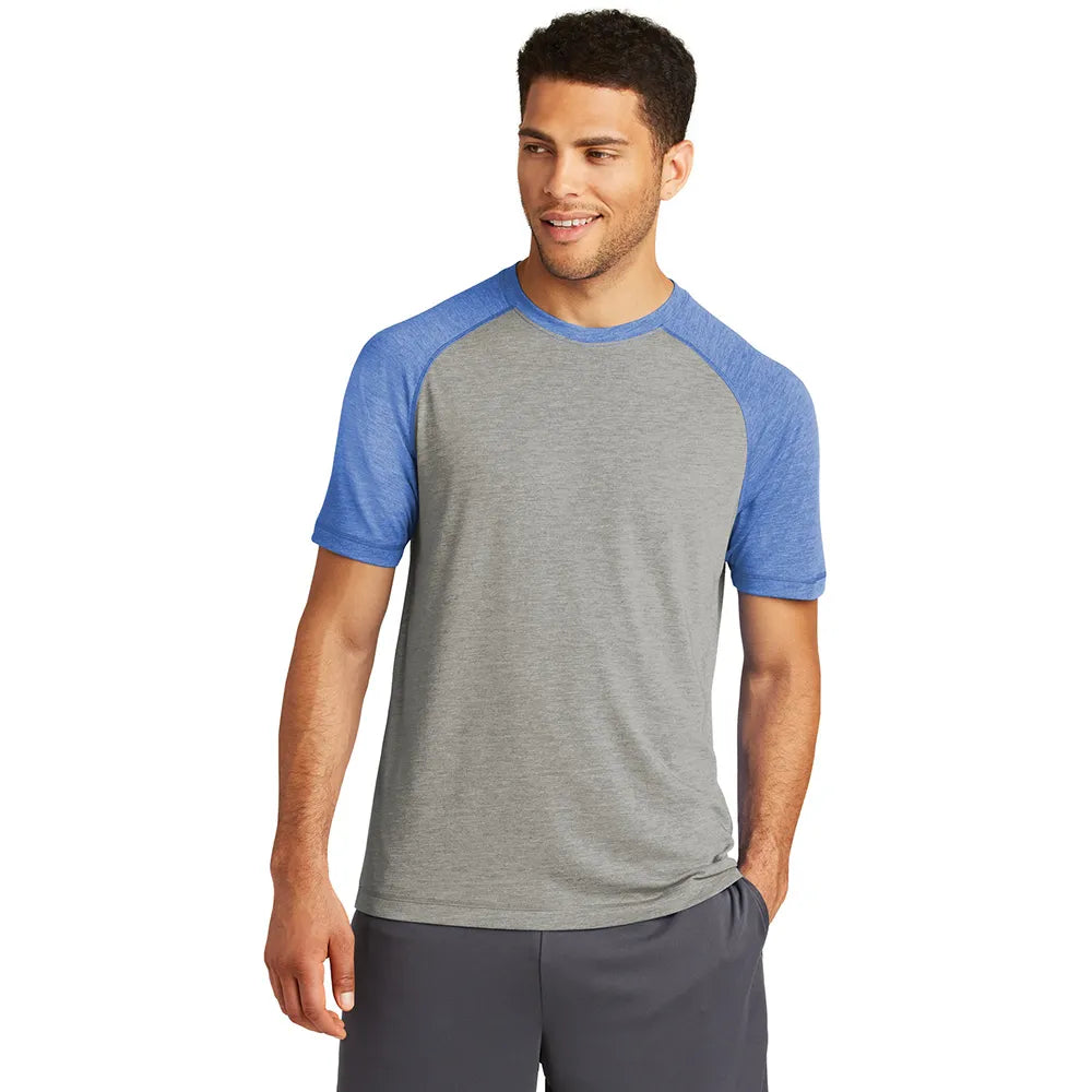 Sport-Tek PosiCharge Tri-Blend Wicking Raglan Tee Decorated - True Royal Blue Heather/Light Grey Heather (PMS 7455C)