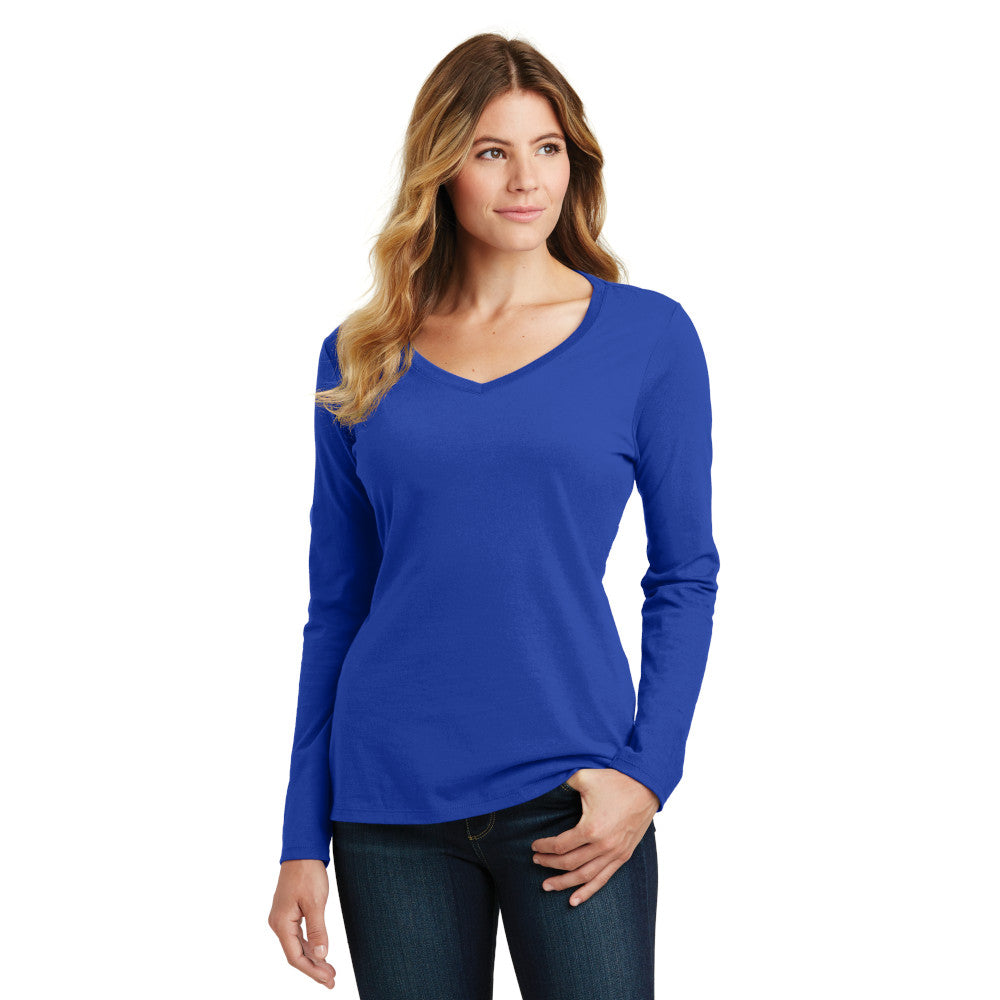 Port & Company Women's Long Sleeve Fan Favorite V-Neck Tee Decorated - True Royal Blue