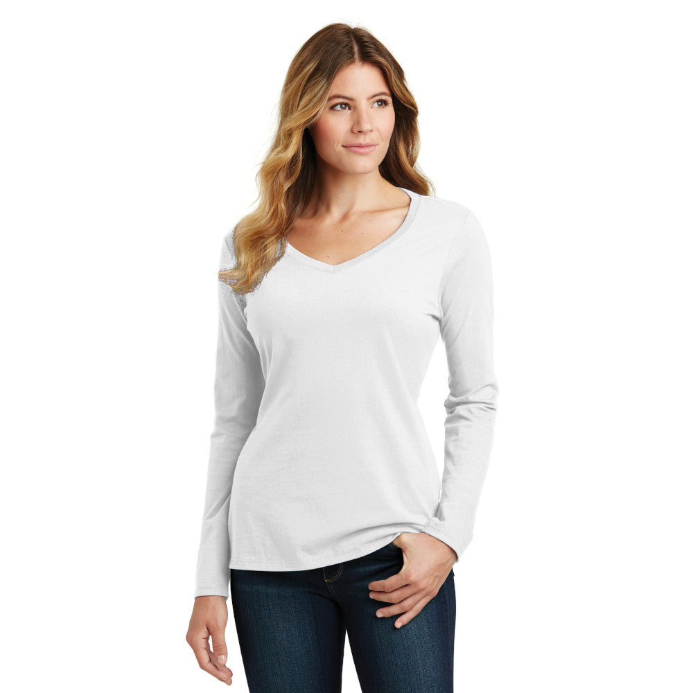 Port & Company Women's Long Sleeve Fan Favorite V-Neck Tee Decorated - White