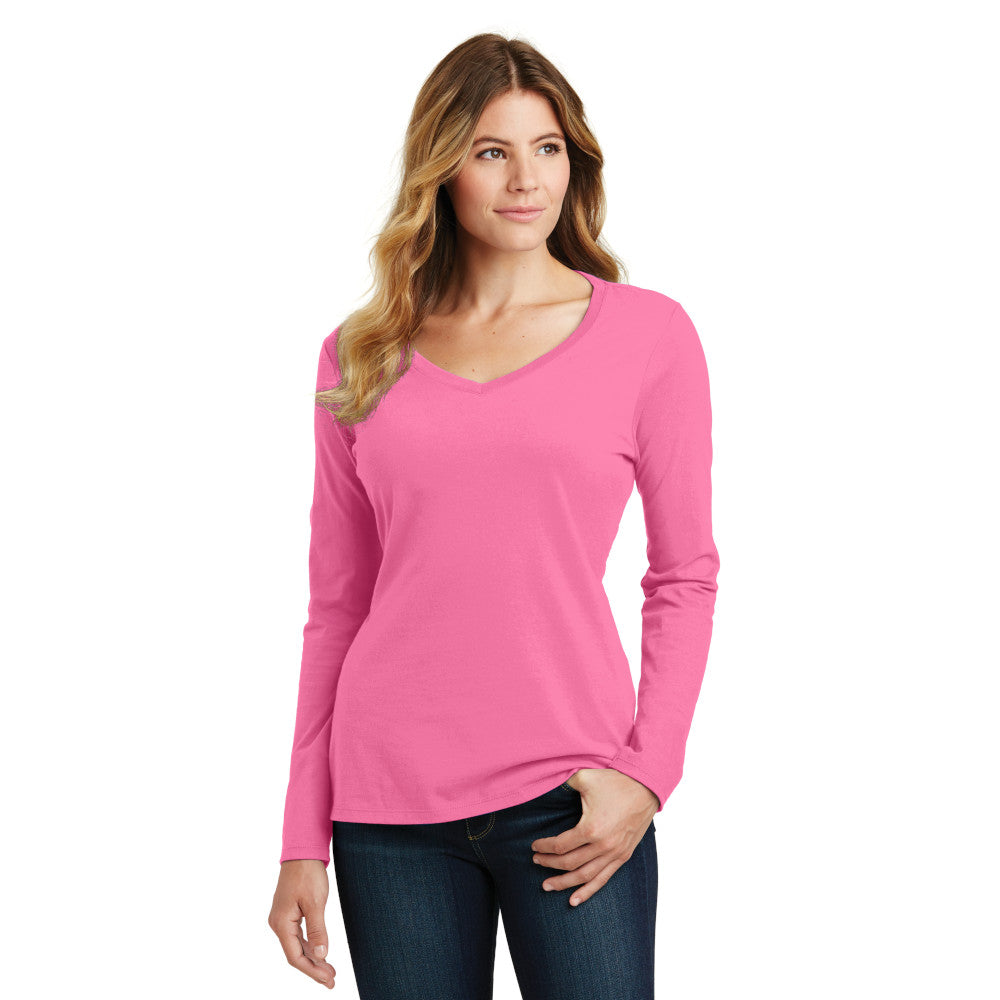 Port & Company Women's Long Sleeve Fan Favorite V-Neck Tee Decorated - New Pink
