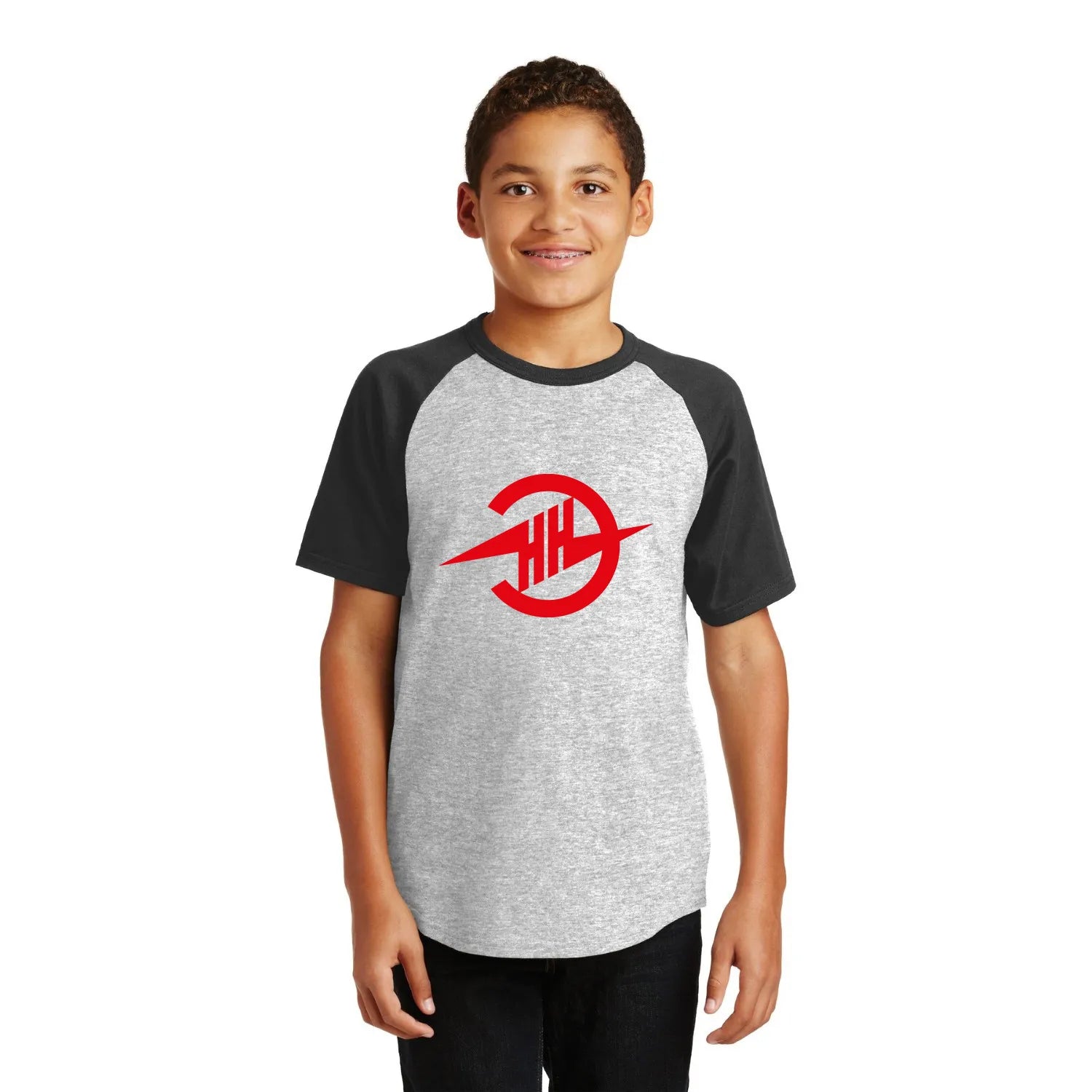 Sport-Tek Sport-Tek Youth Short Sleeve Colorblock Raglan Jersey - Heather Grey/Black (PMS BLACK C)