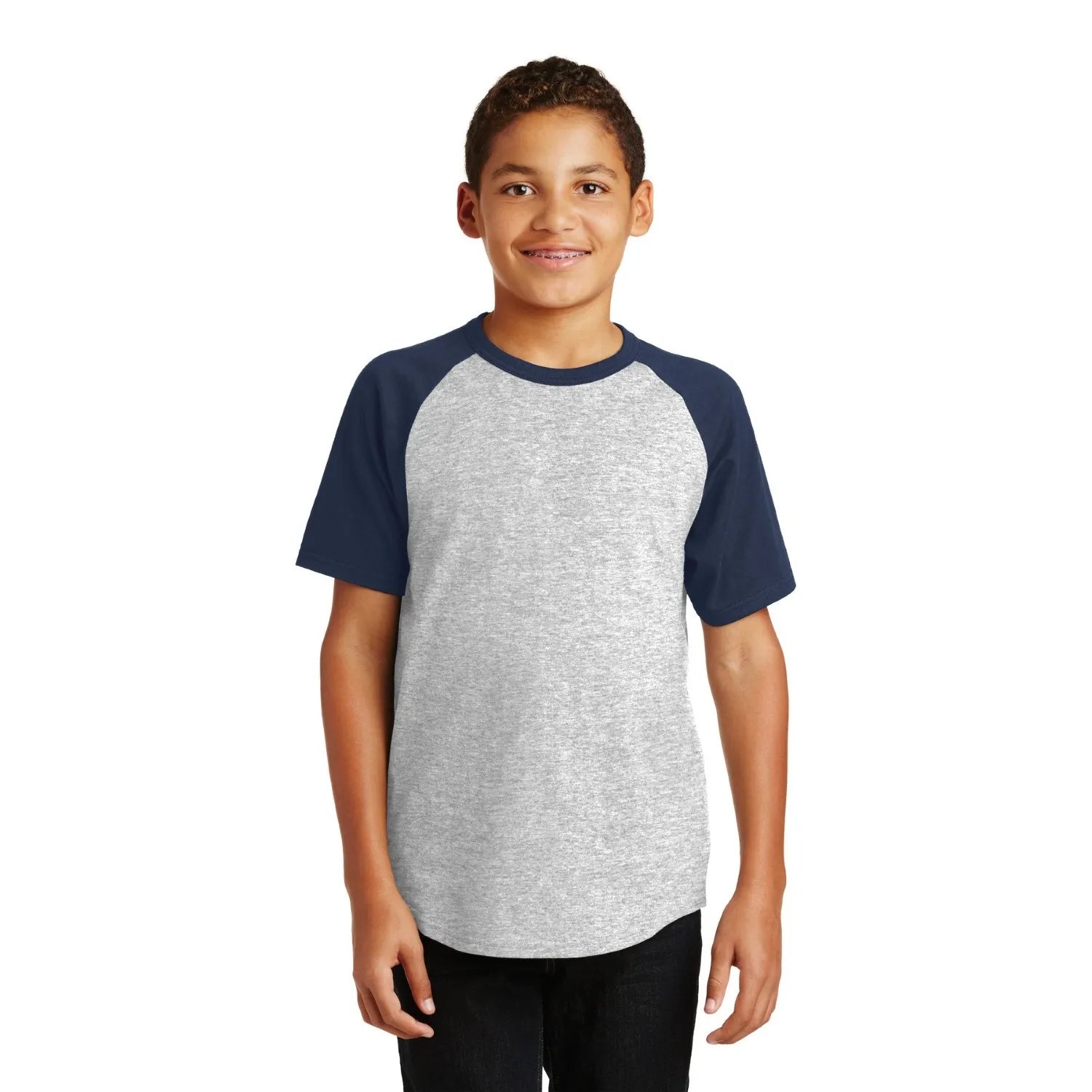 Sport-Tek Sport-Tek Youth Short Sleeve Colorblock Raglan Jersey - Heather Grey/Navy Blue (PMS 7546 C)
