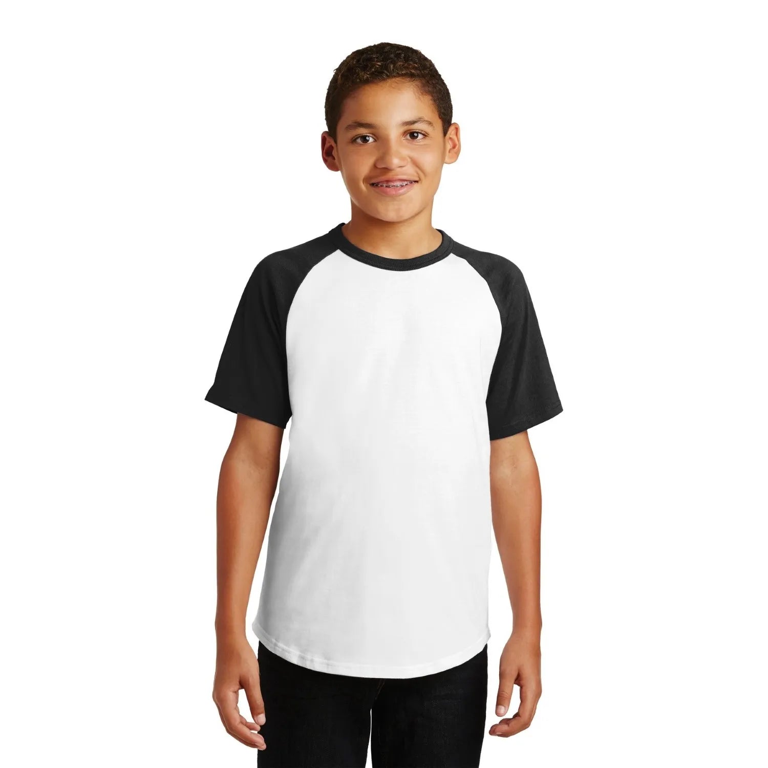 Sport-Tek Sport-Tek Youth Short Sleeve Colorblock Raglan Jersey - White/Black (PMS BLACK C)