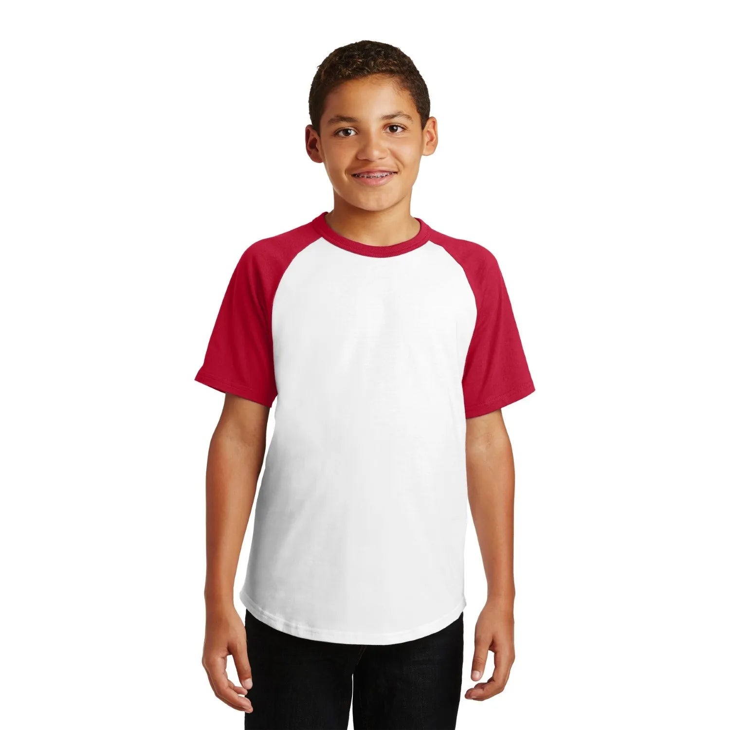 Sport-Tek Sport-Tek Youth Short Sleeve Colorblock Raglan Jersey - White/Red (PMS 193 C)