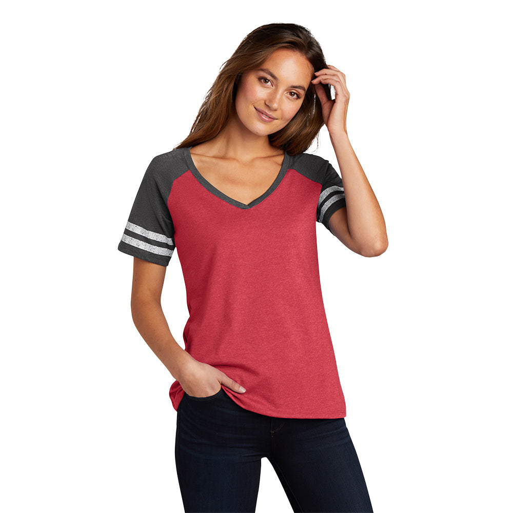 District Women’s Game V-Neck Tee Decorated - Heathered Red/Heathered Grey Charcoal