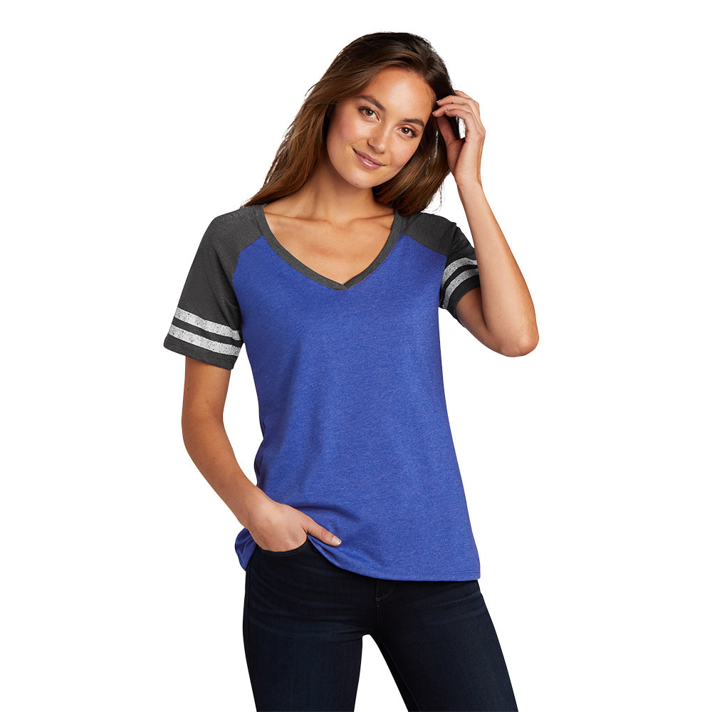 District Women’s Game V-Neck Tee Decorated - Heathered True Royal Blue/Heathered Grey Charcoal