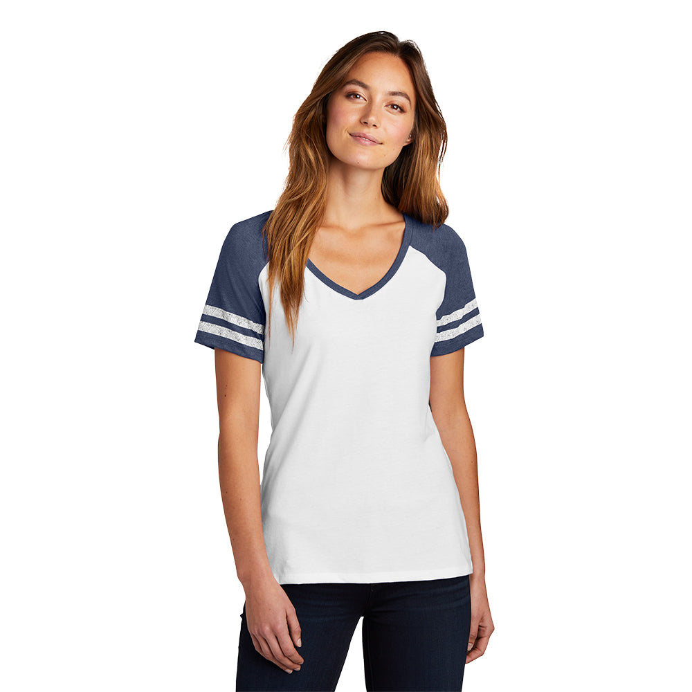District Women’s Game V-Neck Tee Decorated - White/Heathered True Navy Blue