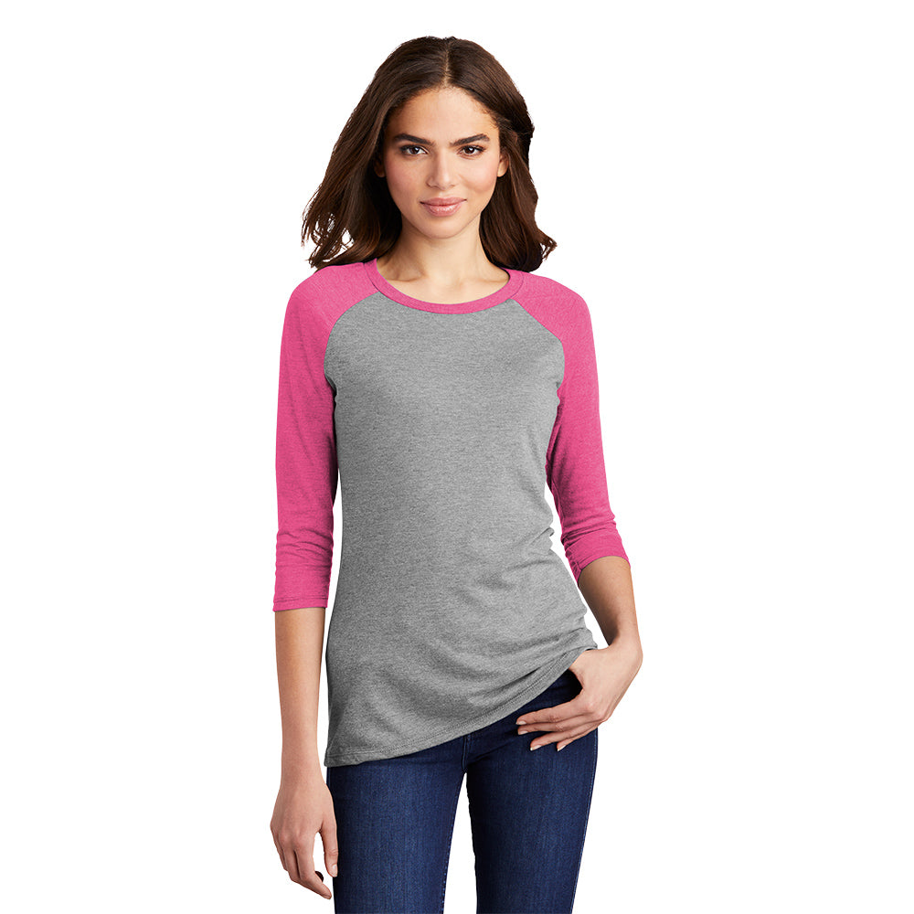 District Women’s Perfect Tri 3/4-Sleeve Raglan Decorated - Fuchsia Pink Frost/Grey Frost