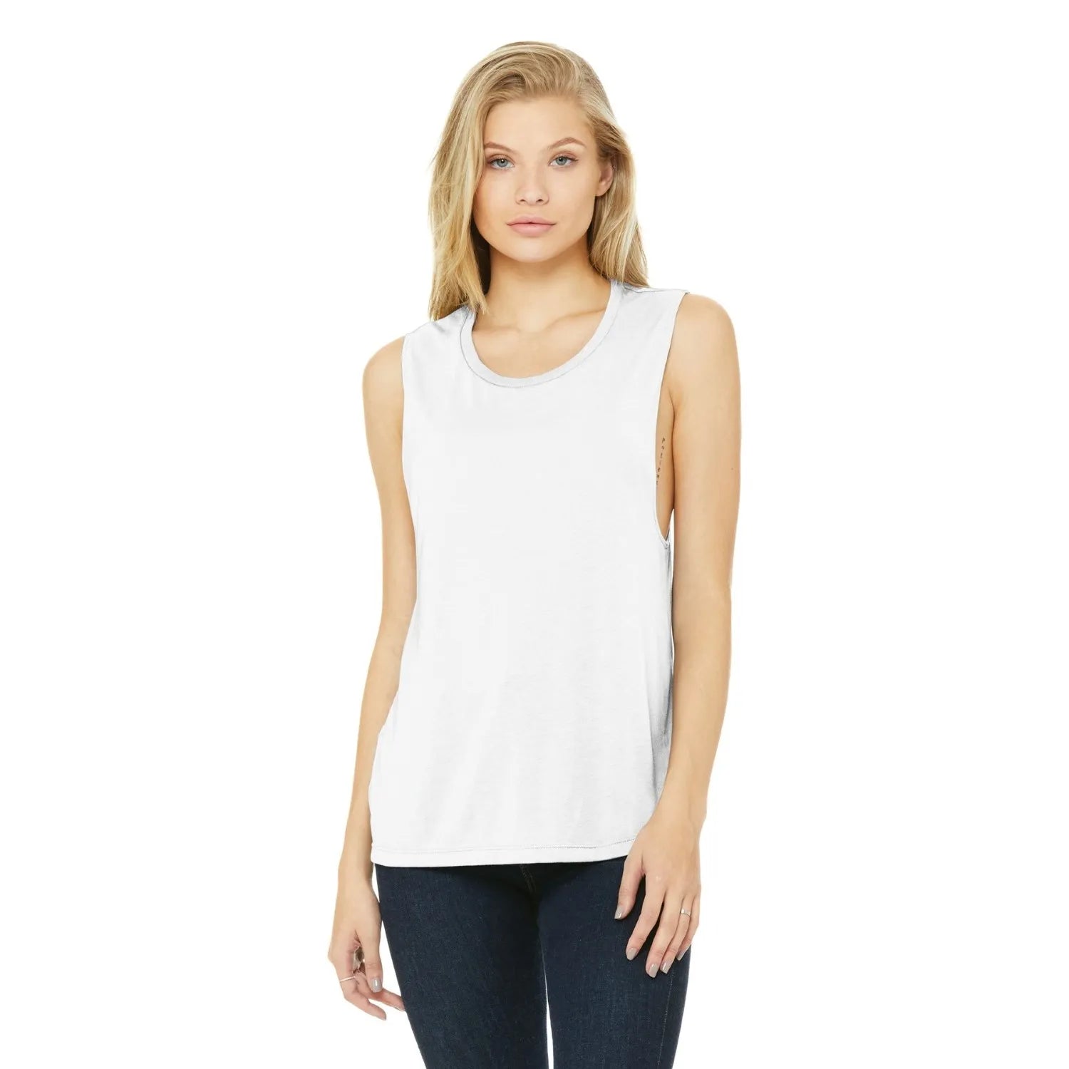 BELLA+CANVAS Women's Flowy Scoop Muscle Tank Decorated - White