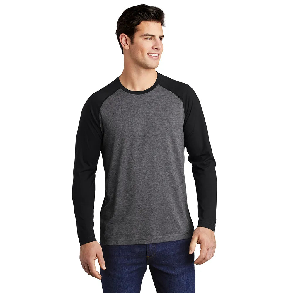 Sport-Tek PosiCharge Long Sleeve Tri-Blend Wicking Raglan Tee Decorated - Black Triad Solid/Dark Grey Heather