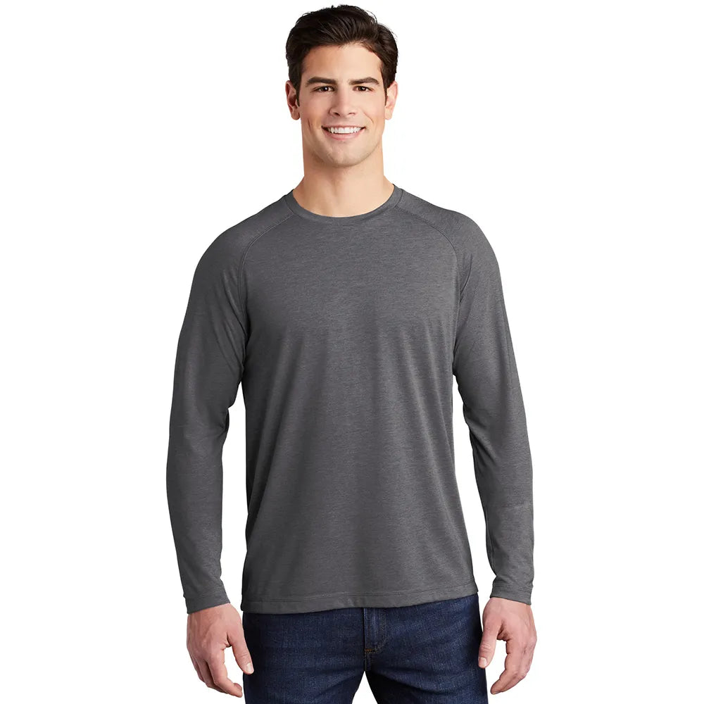Sport-Tek PosiCharge Long Sleeve Tri-Blend Wicking Raglan Tee Decorated - Dark Grey Heather