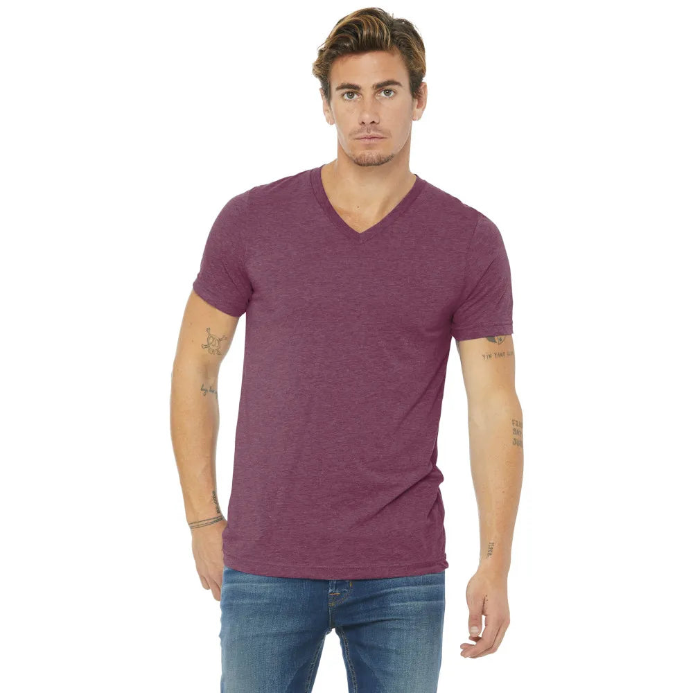 BELLA+CANVAS Unisex Triblend Short Sleeve V-Neck Tee Decorated - Maroon Red Triblend