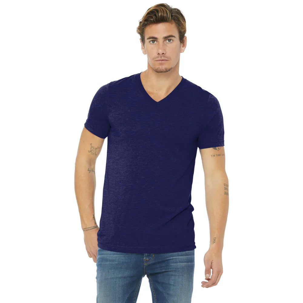 BELLA+CANVAS Unisex Triblend Short Sleeve V-Neck Tee Decorated - Navy Blue Triblend