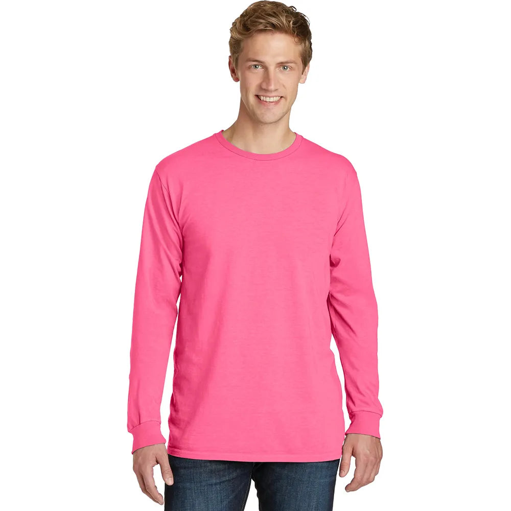 Port & Company Beach Wash Garment-Dyed Long Sleeve Tee Decorated - Neon Pink