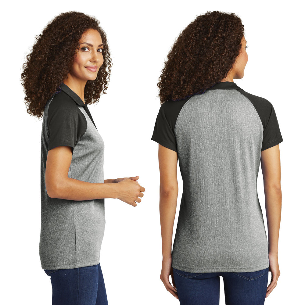 Sport-Tek Sport-Tek Women's PosiCharge RacerMesh Raglan Heather Block Embroidered Polo - True Navy Blue Heather/True Navy Blue