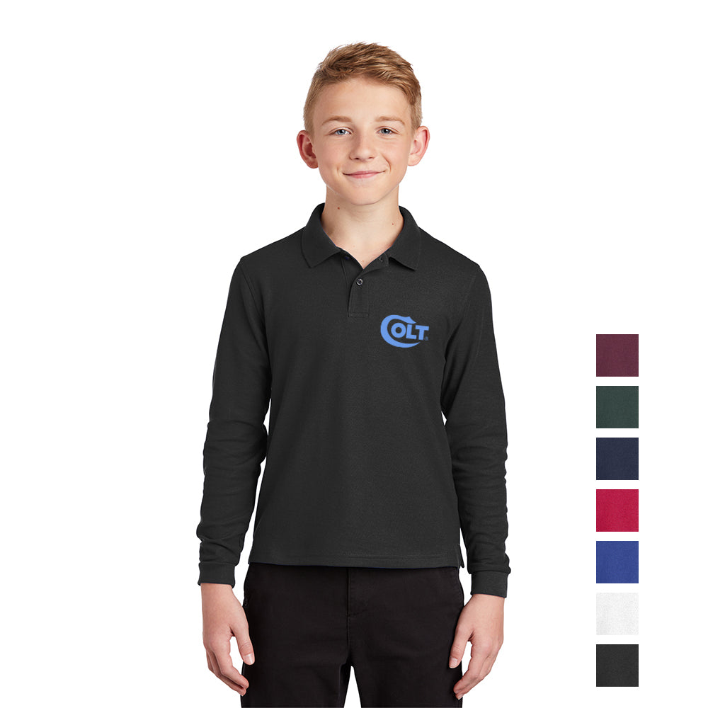 Port Authority Youth Silk Touch Long Sleeve Embroidered Polo - Black