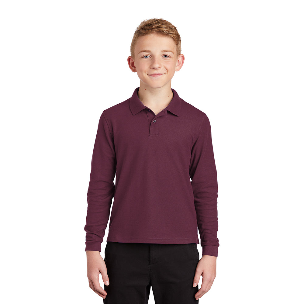 Port Authority Youth Silk Touch Long Sleeve Embroidered Polo - Dark Green (PMS 5467C)