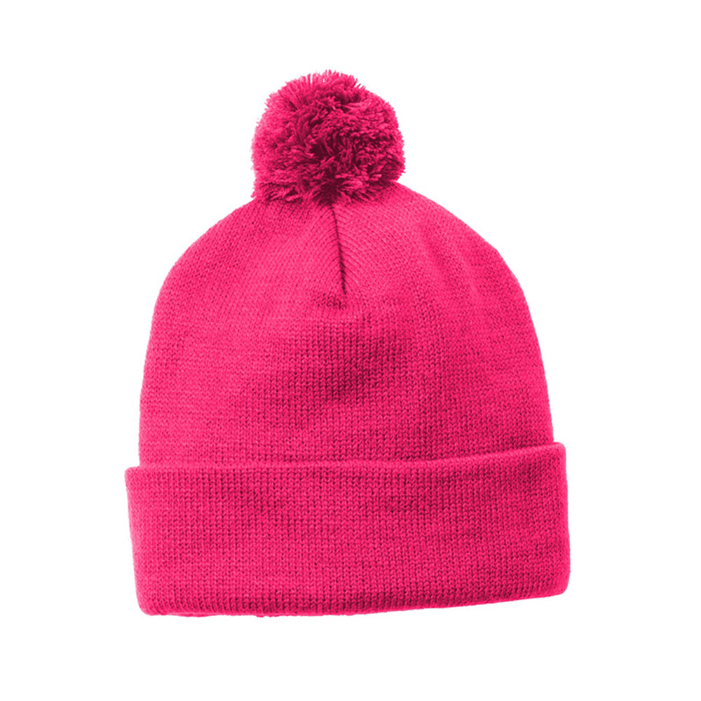Sport-Tek Solid Pom Pom Embroidered Beanie - Pink Raspberry