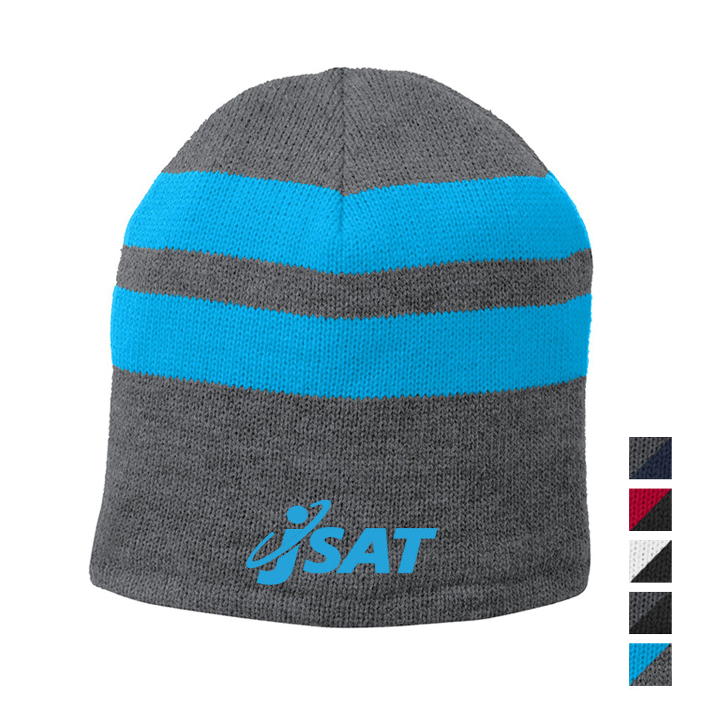 Port & Company Fleece-Lined Striped Beanie Embroidered Cap - Athletic Oxford Grey/Neon Blue