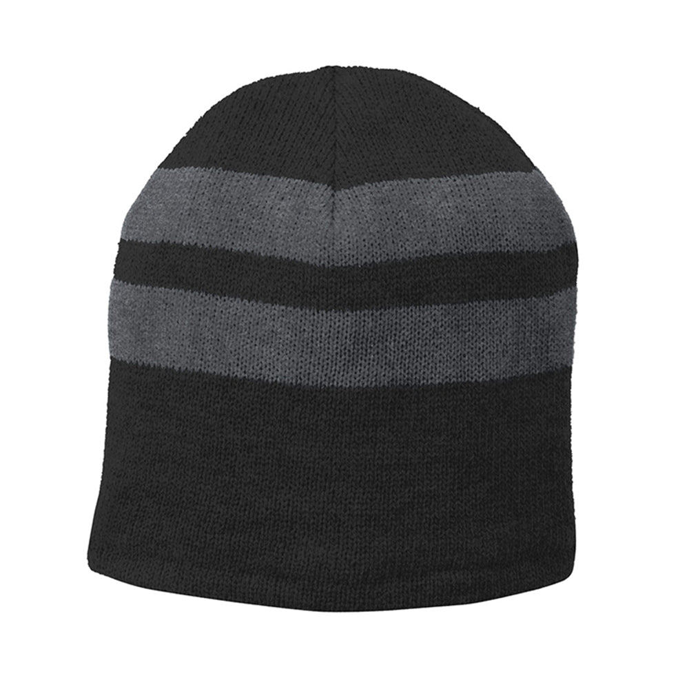 Port & Company Fleece-Lined Striped Beanie Embroidered Cap - Black/Athletic Oxford Grey