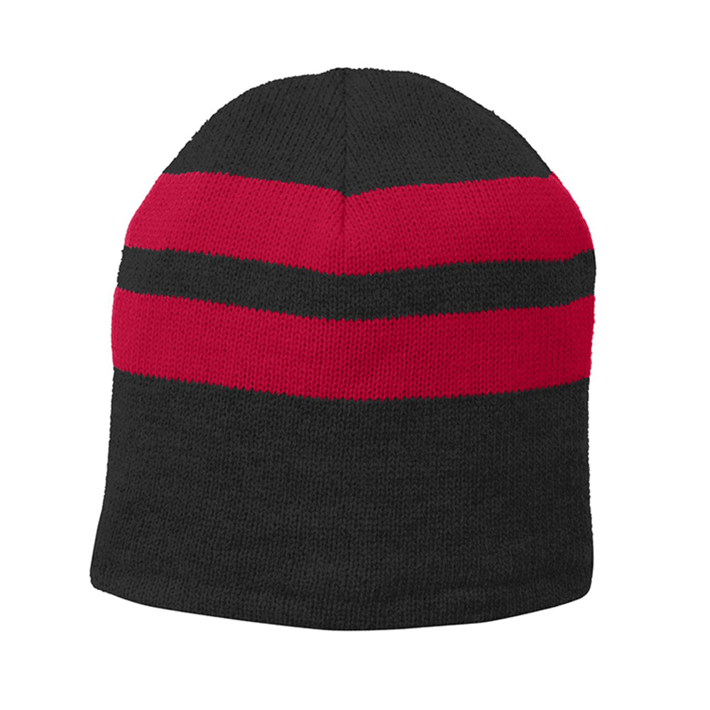 Port & Company Fleece-Lined Striped Beanie Embroidered Cap - Black/Athletic Red