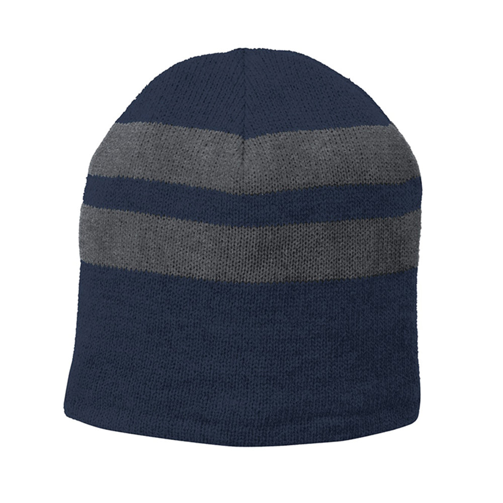 Port & Company Fleece-Lined Striped Beanie Embroidered Cap - Navy Blue/Athletic Oxford Grey