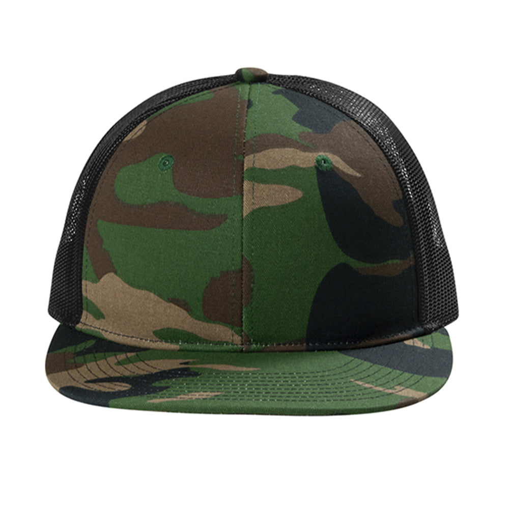Port Authority Snapback Flat Bill Trucker Embroidered Cap - Woodland Camo Green/Black