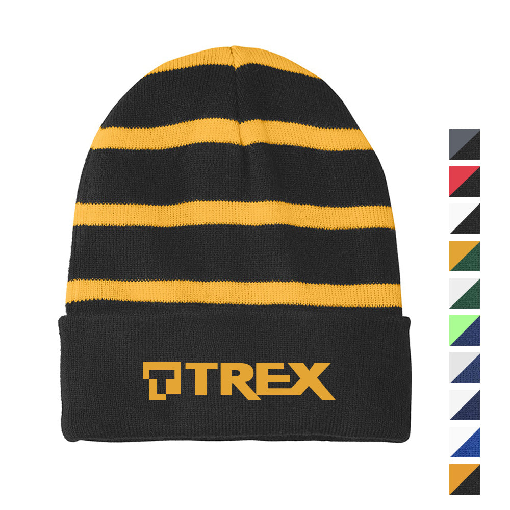Sport-Tek Striped Embroidered Beanie with Solid Band - Team Navy Blue/Silver Grey