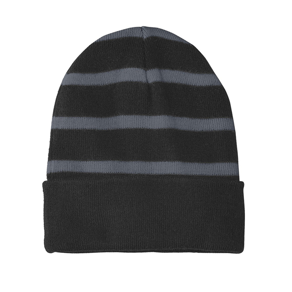 Sport-Tek Striped Embroidered Beanie with Solid Band - Black/Iron Grey