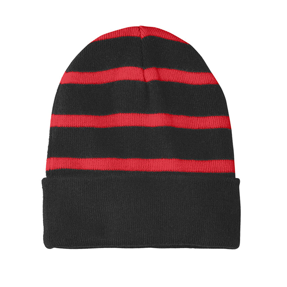 Sport-Tek Striped Embroidered Beanie with Solid Band - Black/True Red