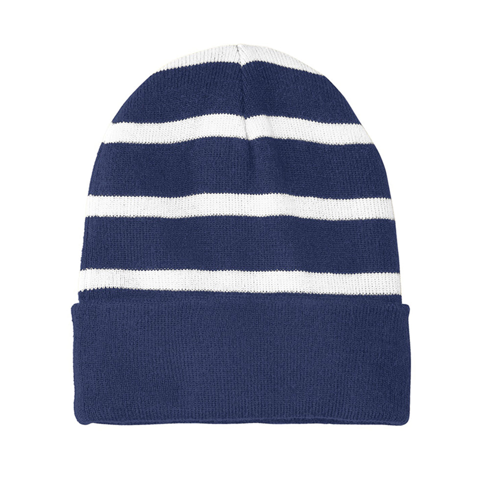 Sport-Tek Striped Embroidered Beanie with Solid Band - True Navy Blue/White