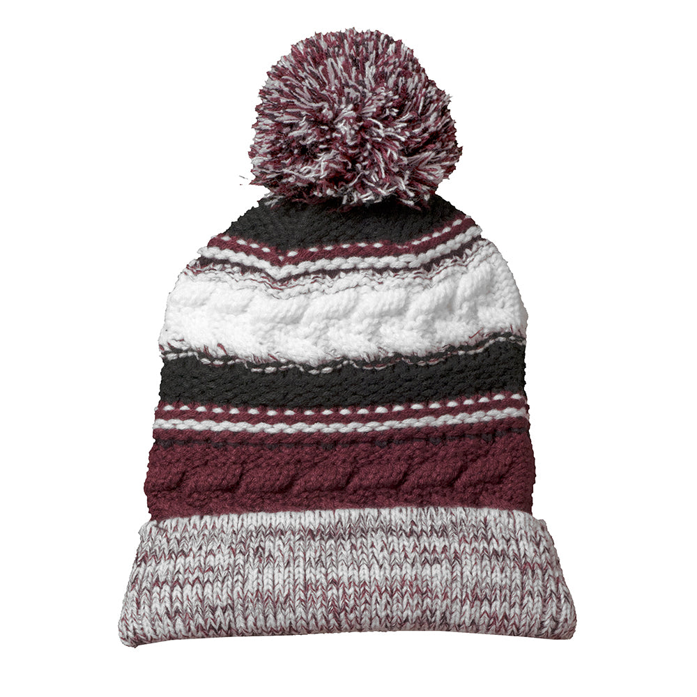 Sport-Tek Pom Pom Team Embroidered Beanie - Maroon Red/Black/White (PMS 504 C)