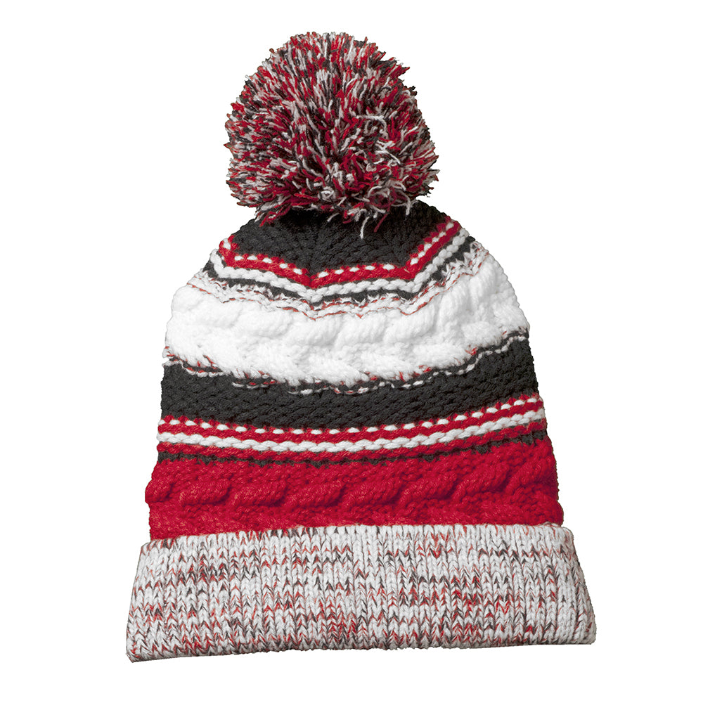 Sport-Tek Pom Pom Team Embroidered Beanie - True Red/Black/White (PMS 200 C)