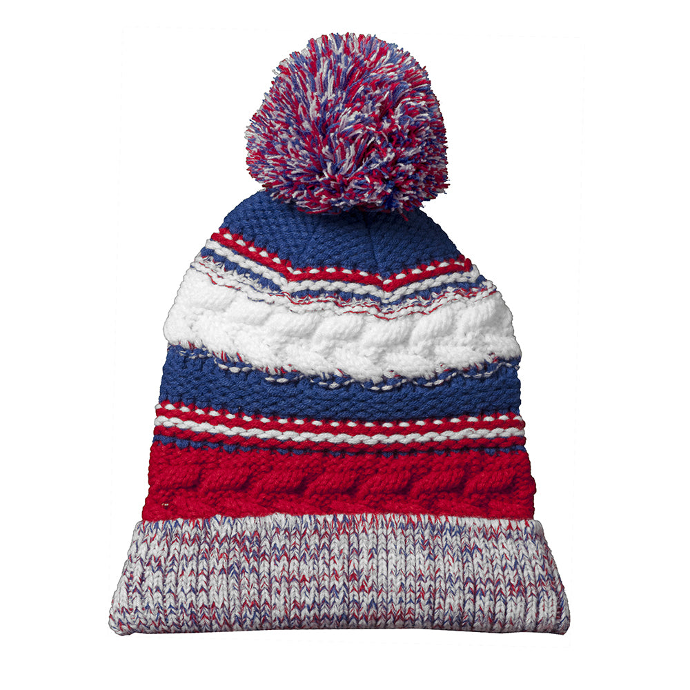 Sport-Tek Pom Pom Team Embroidered Beanie - True Red/True Royal Blue/White (PMS 200 C)