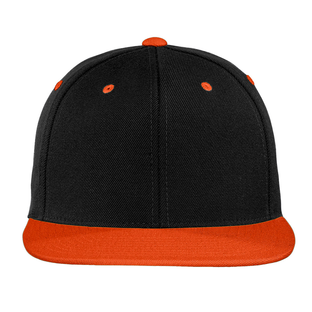 Sport-Tek Yupoong Flat Bill Snapback Embroidered Cap - Black/Deep Orange (PMS BLACK C)