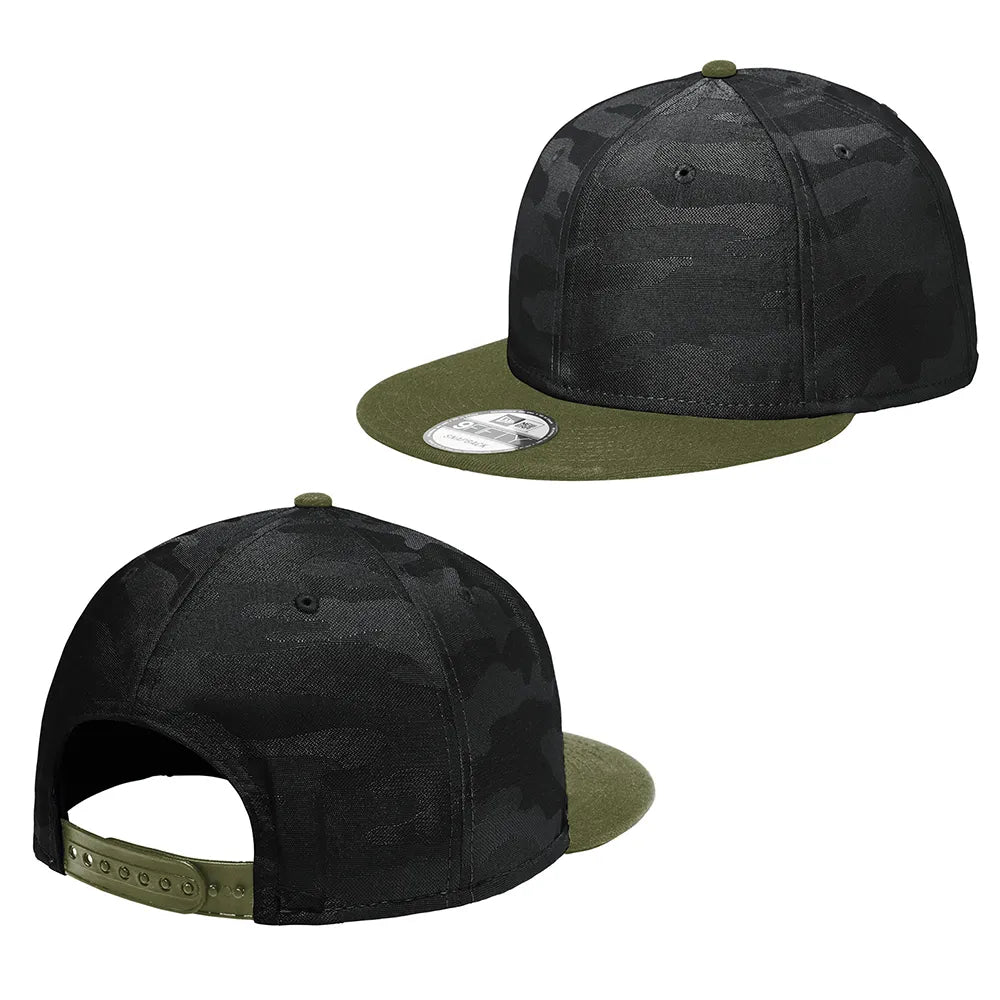 New Era Camo Flat Bill Snapback Embroidered Cap - Black/Black Camo (PMS BLACK C)