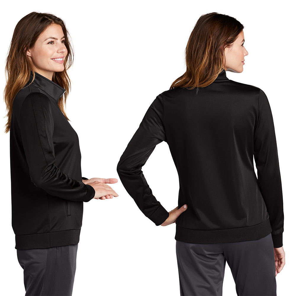 Sport-Tek Ladies Tricot Sleeve Stripe Track Embroidered Jacket - Black/White