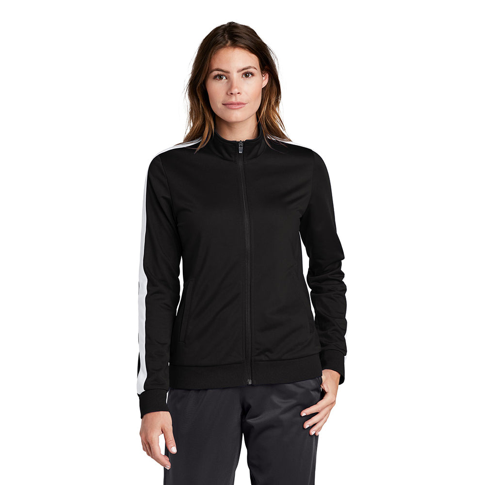 Sport-Tek Ladies Tricot Sleeve Stripe Track Embroidered Jacket - Graphite Grey/Black