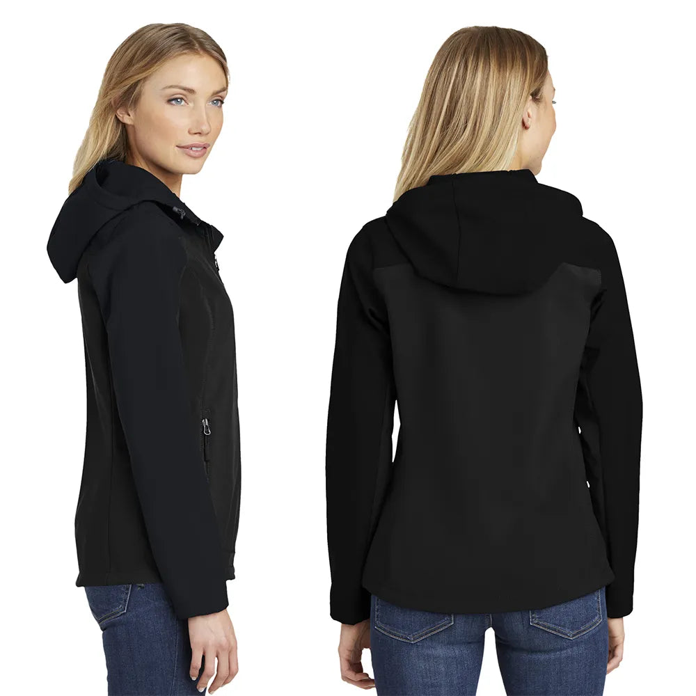 Port Authority Women's Hooded Core Soft Shell Embroidered Jacket - Black/Battleship Grey
