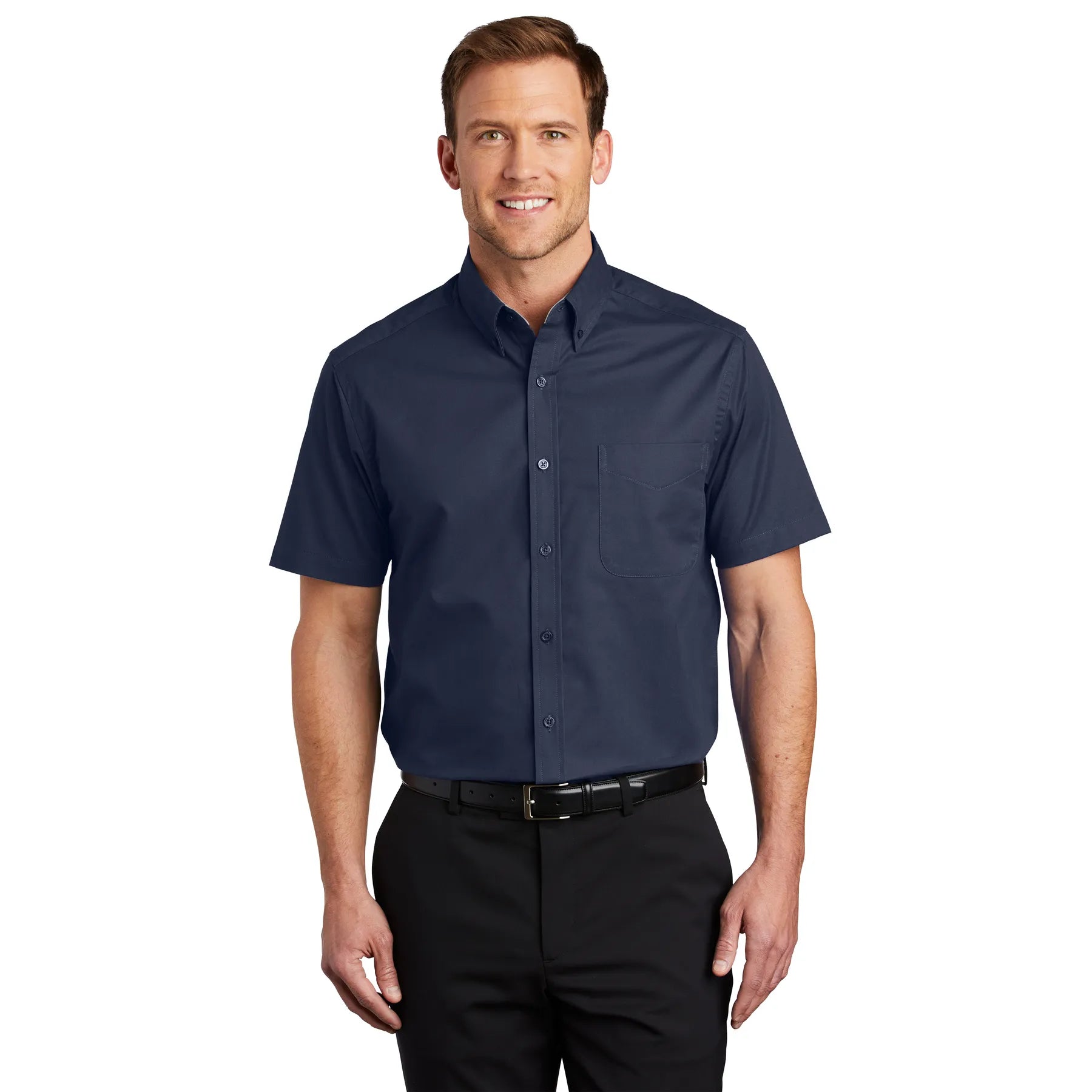 Port Authority Short Sleeve Easy Care Embroidered Shirt - Navy Blue/Light Stone Beige