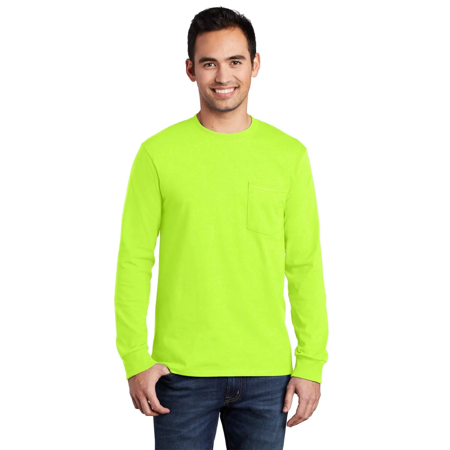 Port & Company Long Sleeve Essential Pocket Tee Decorated - Safety Green