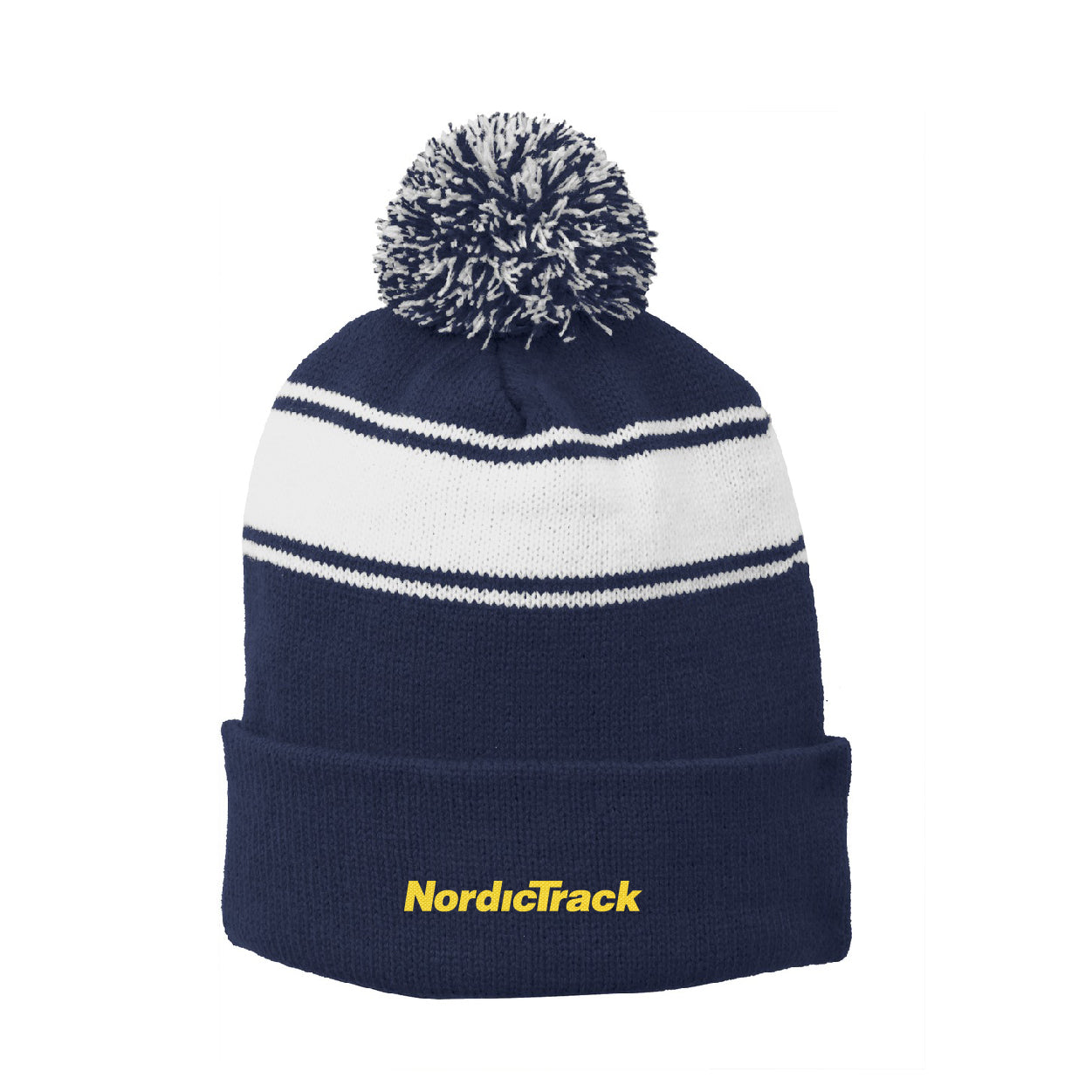 Sport-Tek Stripe Pom Pom Embroidered Beanie - White/Pink Raspberry