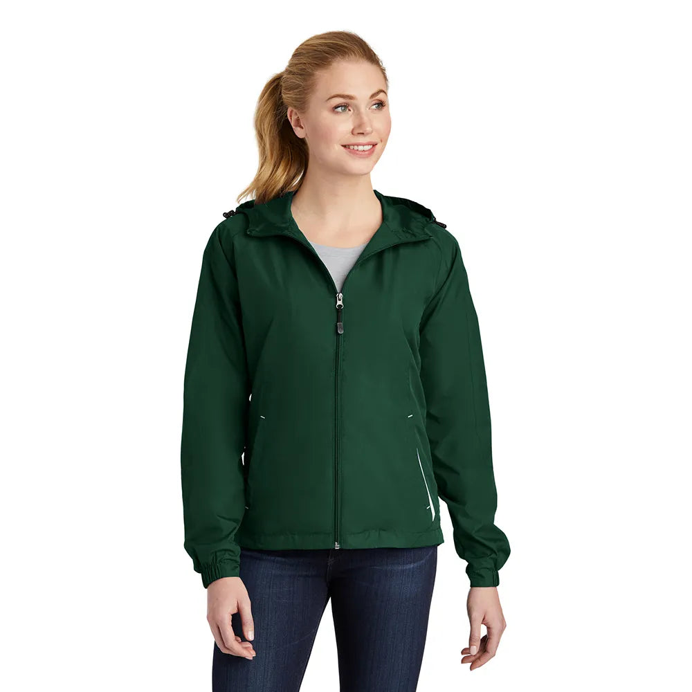Sport-Tek Women's Colorblock Hooded Raglan Embroidered Jacket Decorated - Forest Green/White