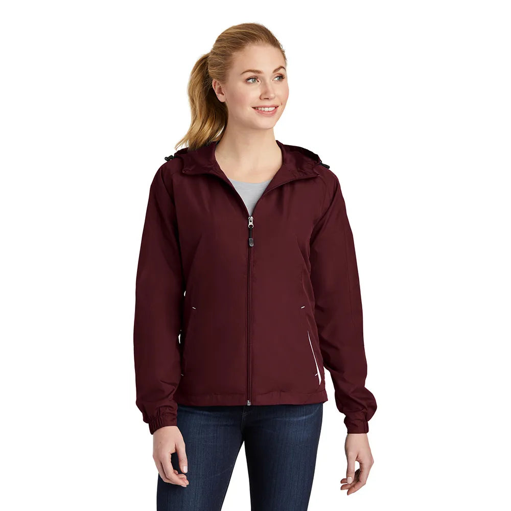 Sport-Tek Women's Colorblock Hooded Raglan Embroidered Jacket Decorated - Maroon Red/White
