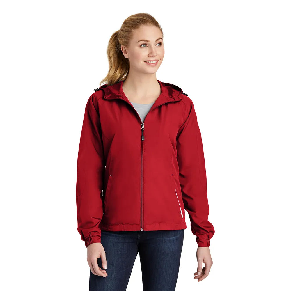 Sport-Tek Women's Colorblock Hooded Raglan Embroidered Jacket Decorated - True Red/White