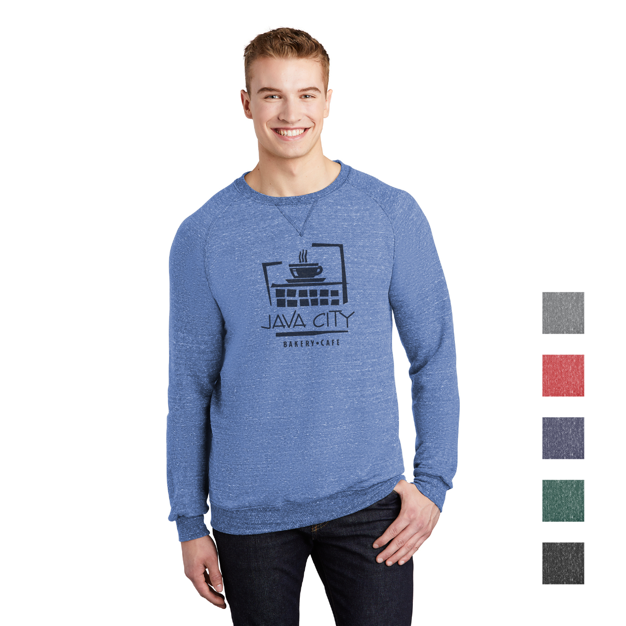 JERZEES Snow Heather French Terry Raglan Crew Decorated - Black Ink