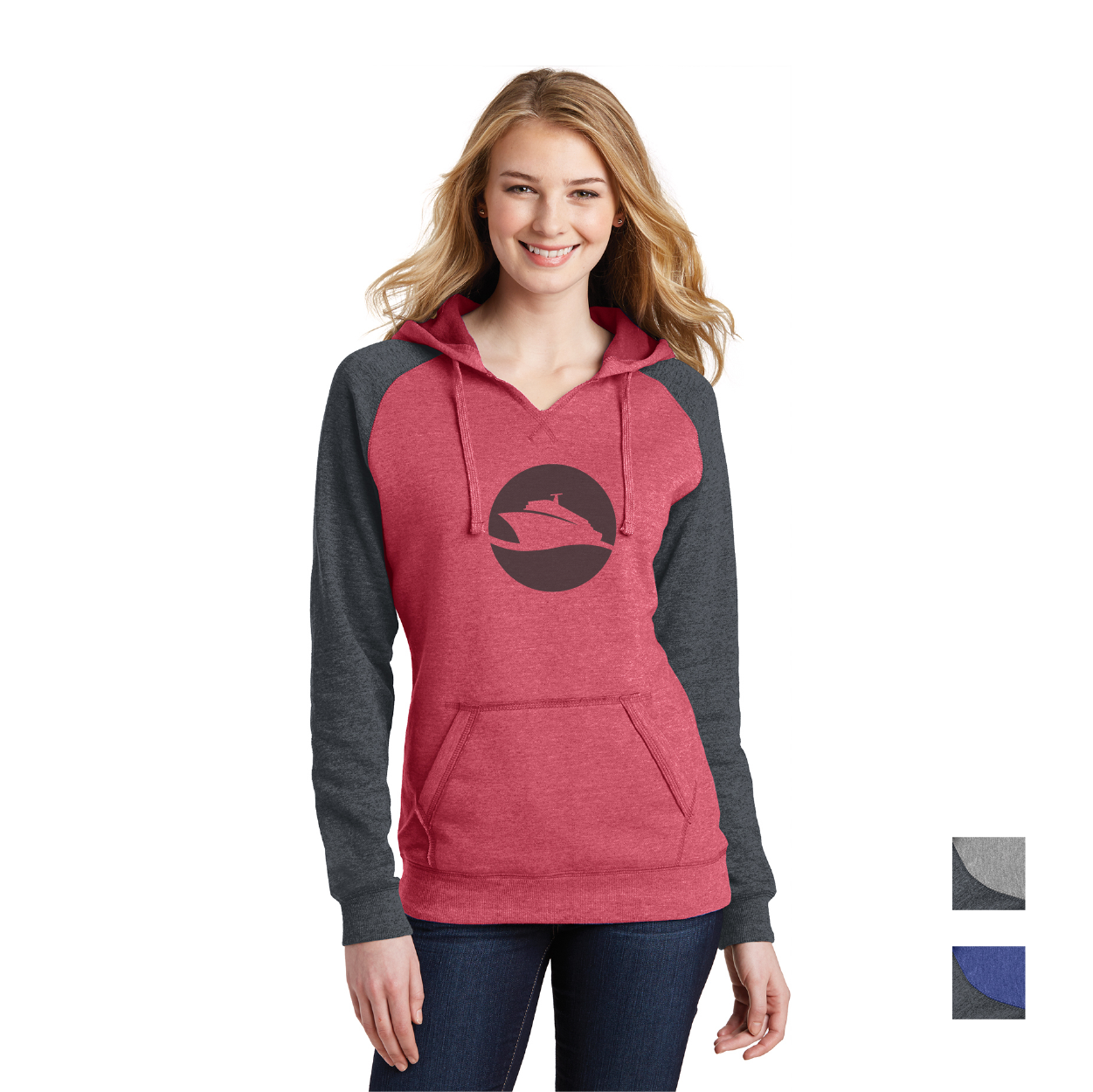 District Women’s Lightweight Fleece Raglan Hoodie Decorated - Heathered Red/Heathered Charcoal Grey (PMS 194C)